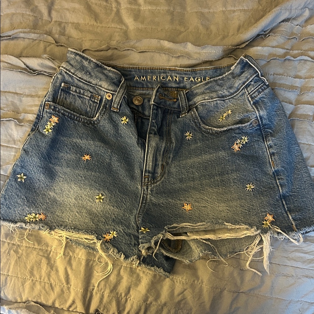 American Eagle Light Blue Denim Shorts with Embroidered Waistband